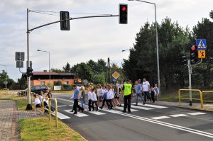 Policjant nadzorujący przejście dla pieszych.